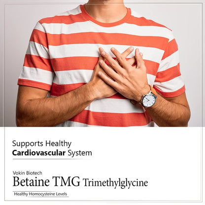 Person wearing a red and white striped shirt with text about Betaine TMG Trimethylglycine on a gray background
