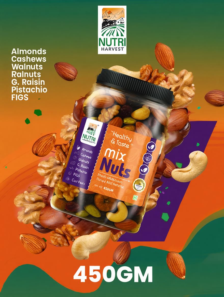 NUTRI HARVEST Premium Mixed Nuts and Dried Fruits 250g,| Almonds, Cashews, Walnuts, Pistachios, Figs, Raisins, Cran berry| Fit for fasting| Resealable jar for freshness