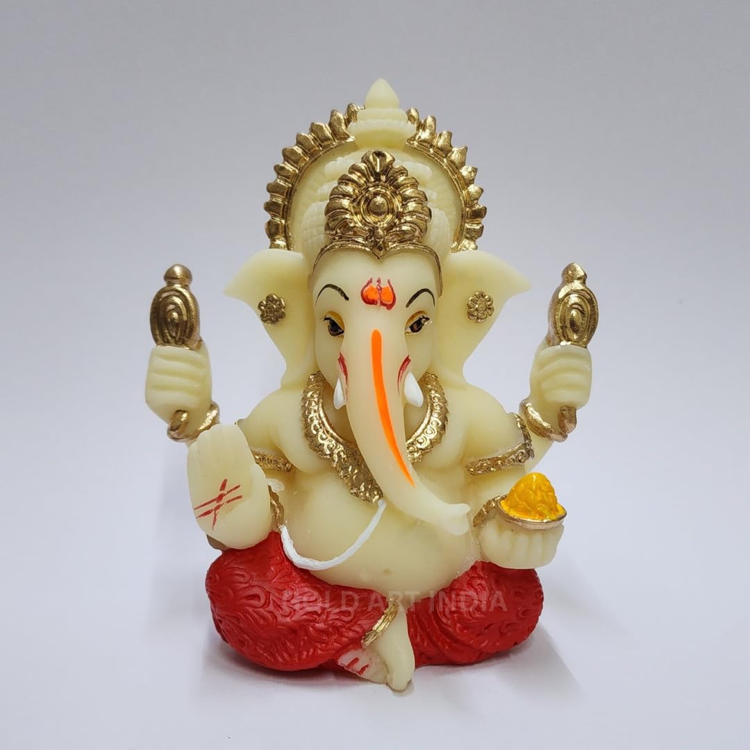 Gold Art India Peach Ivory 4-Hand Ganesha with Mukut for Home Decor Idol Ganesha Murti Ganpati Idol for car Dashboard Puja Lord Ganesh Statue Gift for Office Desk Puja Room Figurine