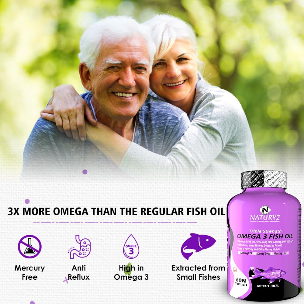 Couple embracing outdoors with a bottle of Naturyz Omega 3 Fish Oil in the foreground.