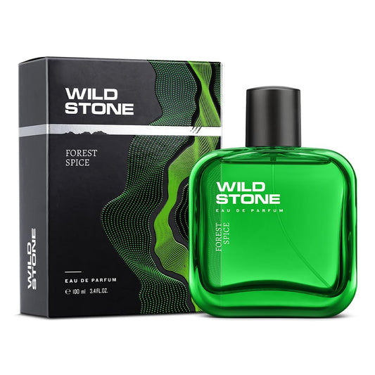 Green perfume bottle and packaging with 'Wild Stone' branding on a white background