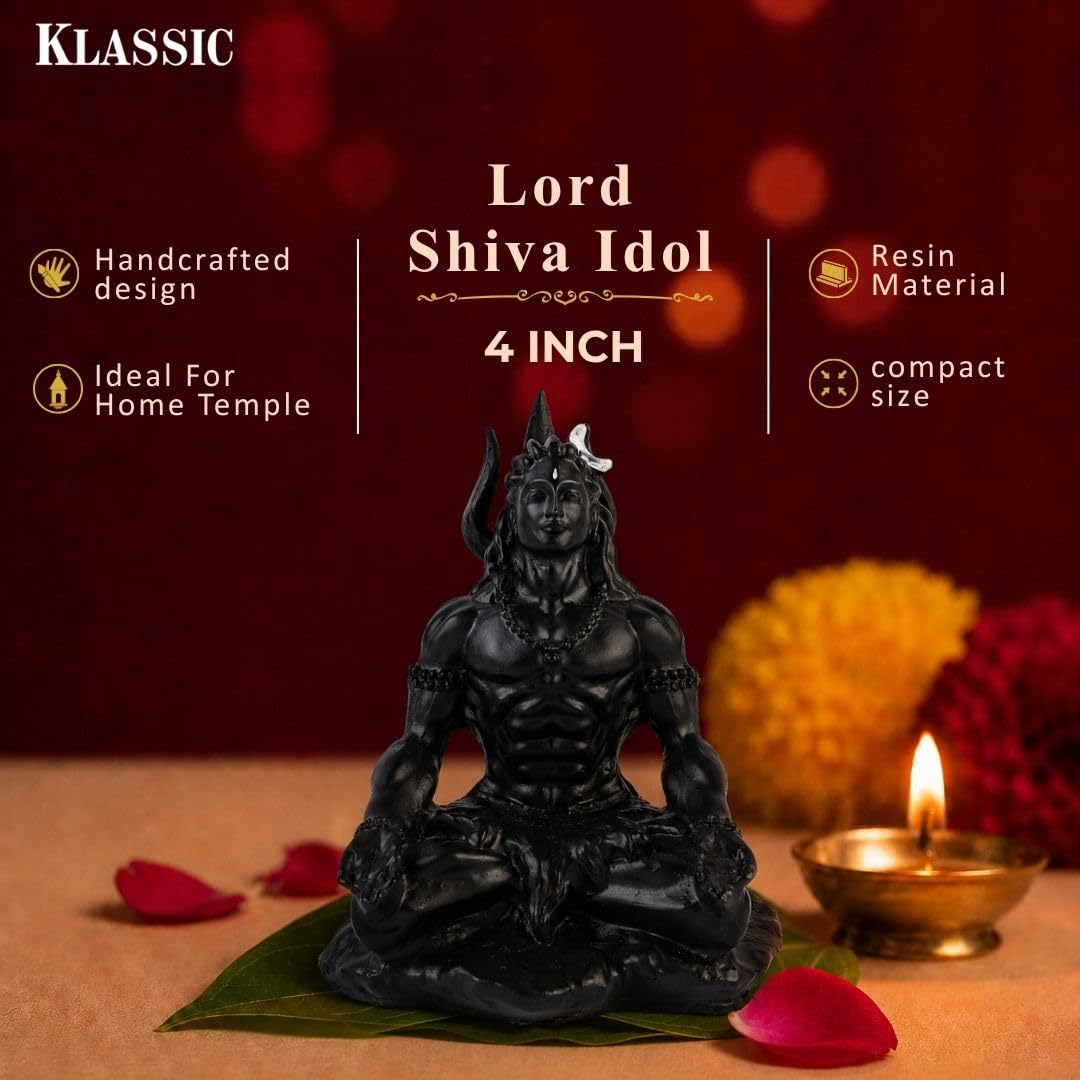 4 Inch Meditating Lord Shiva Idol | Black Finish Mahadev Murti in Dhyan Mudra with Trishul, Snake & Tiger Base for Home Temple, Mandir, Meditation Room, Office Desk & Car Dashboard