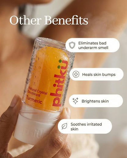 Phitku Crystal Roll On with Turmeric | Natural Alum | Brightens Dark Underarms, Kills Bacteria | Fragrance-Free & Alcohol Free | Men & Women | 100g