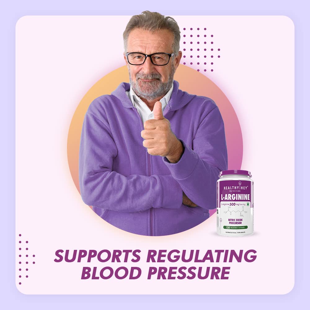 Man in purple jacket giving a thumbs up with a supplement bottle labeled 'Healthy Way L-Arginine' on a light purple background.
