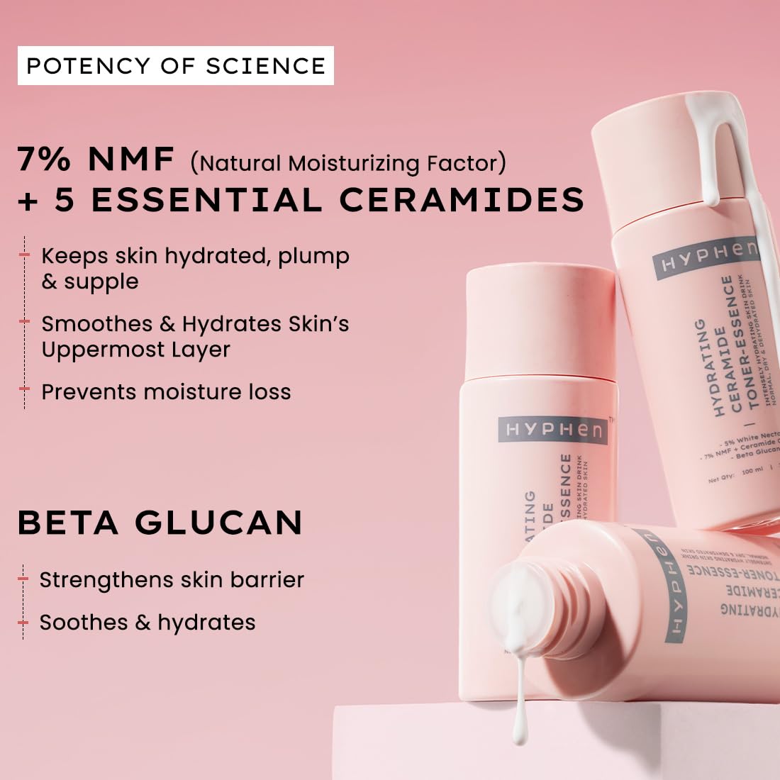 HYPHEN skincare products with text on a pink background