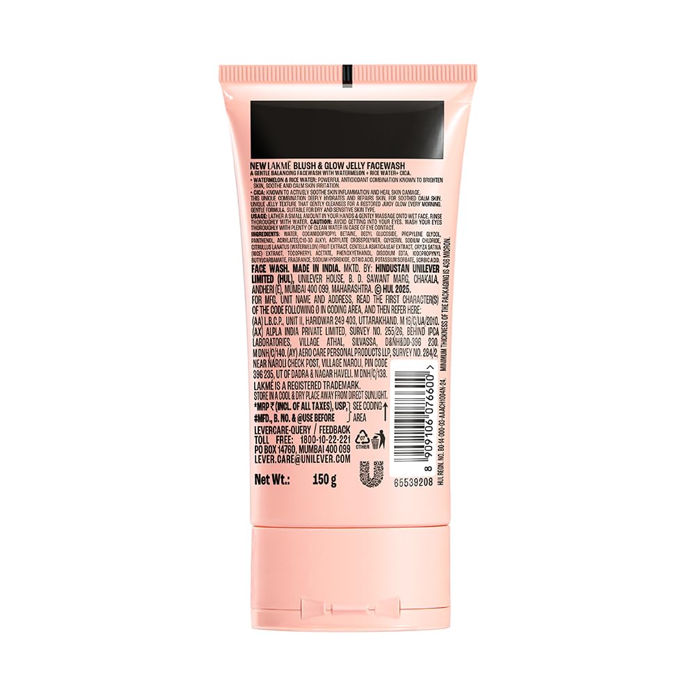 LAKME Blush & Glow, Gentle Jelly Face Wash, 100 g, for Fresh Visible Glow, with Avocado Matcha & Salicylic Acid, Unclogs Pores Effectively, Ideal for Oily & Combination Skin