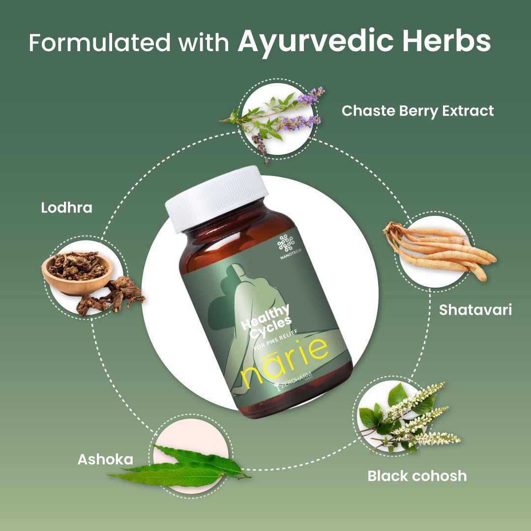 ZEROHARM Narie Healthy Cycles | Shatavari, Lodhra & Chaste Berry Extract | For Regular Cycles, Hormonal Balance, Comfort & Inner Wellness | Mood & PMS Support for Women | 60 Nano Tablets