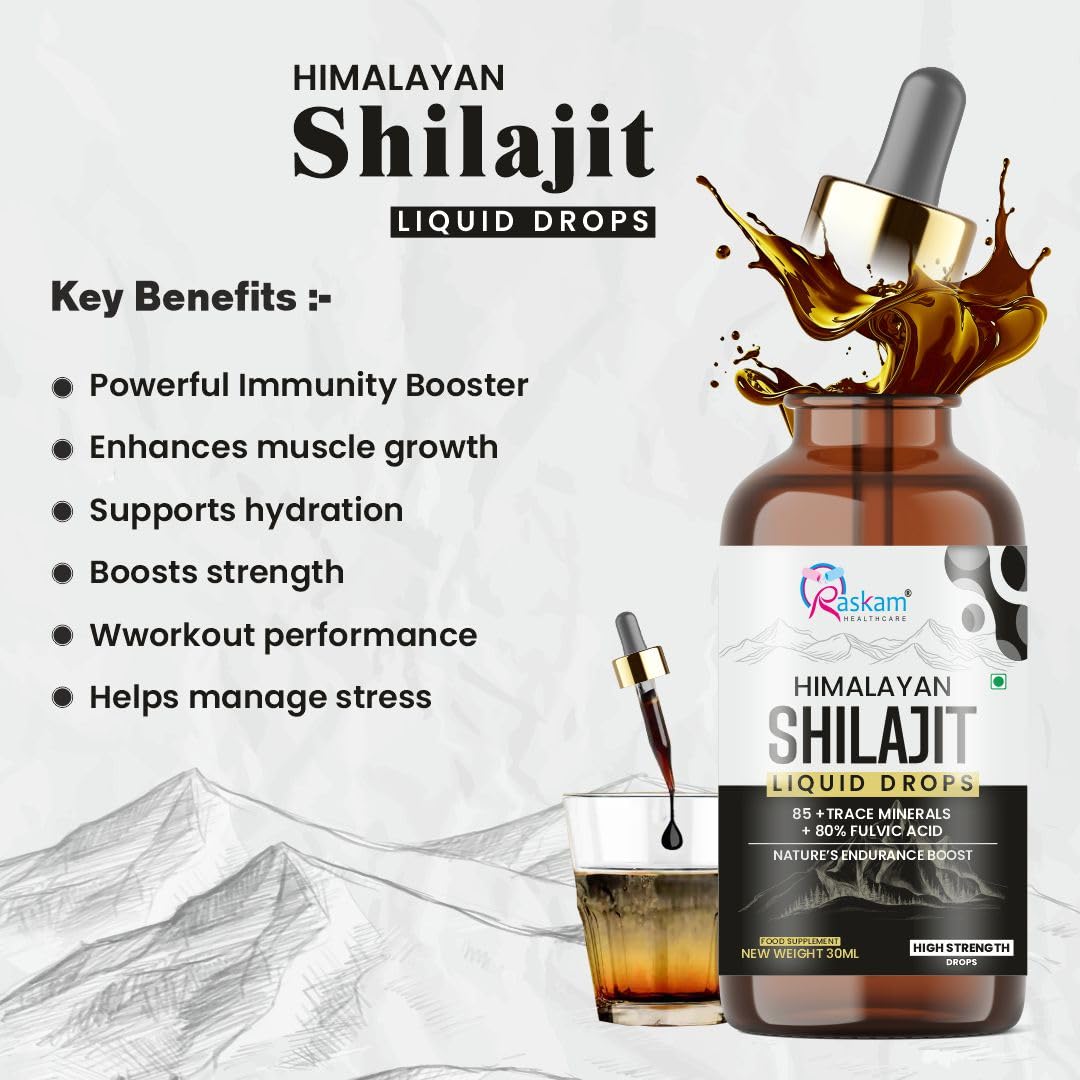 Himalayan Shilajit Liquid Drops with benefits listed on a white background