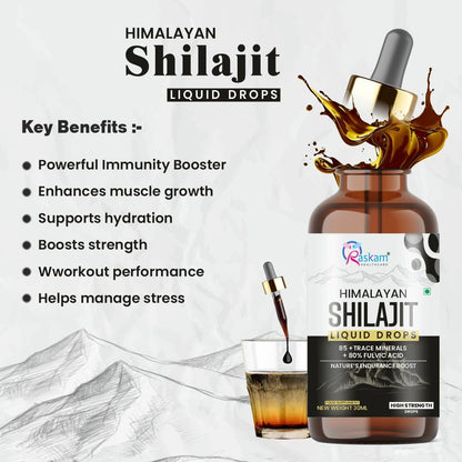 Himalayan Shilajit Liquid Drops with benefits listed on a white background