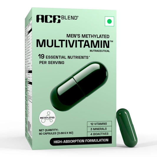 Ace Blend Multivitamin Capsules for Men | Pack of 60 | Methylated Multivitamin with 19 Essential Nutrients | Quatrefolic, MenaQ7 & Vitashine D3 | Supports Energy, Immunity, Focus & Heart Health