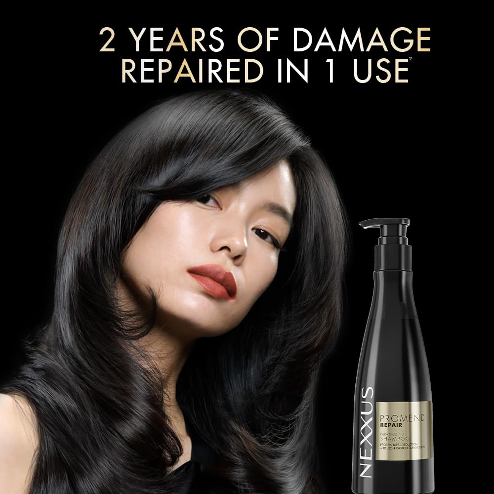 Woman with long black hair next to a Nexxus hair care product bottle on a black background