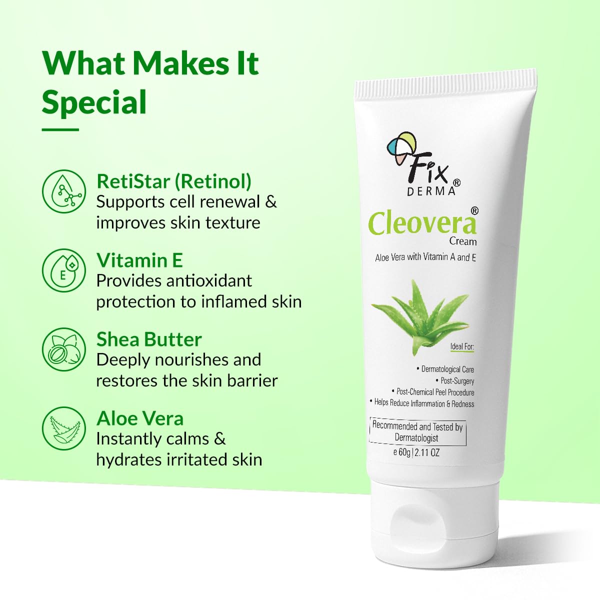 Fixderma Cleovera cream Skin moisturizer with Aloe vera, reduces inflammation & redness, soothing & hydrating cream after shaving Paraben free-60gm
