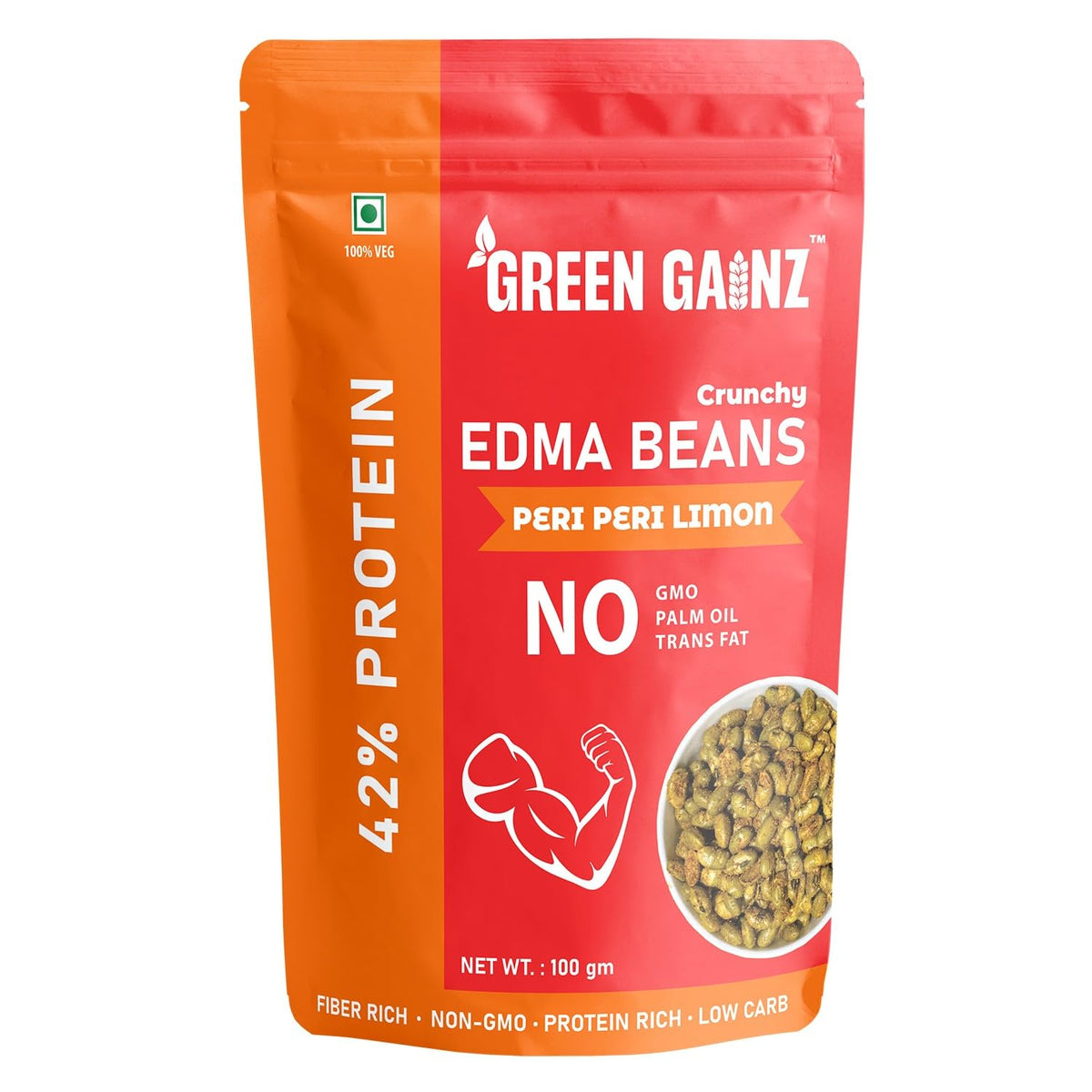 Green Gainz Roasted Edamame Peri Peri Limon Flavour 100gm | Healthy Namkeen Snacks | 100% Veg High Protein Snack | Fiber Rich | No Palm Oil | Roasted, Not Fried