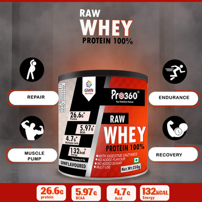 Pro360 Raw Whey Protein 100% - Unflavored - 250gm (100% Whey with Digestive Enzymes, 26.6g Protein, 5.97g BCAA, 4.7g Glutamic Acid per Serving)