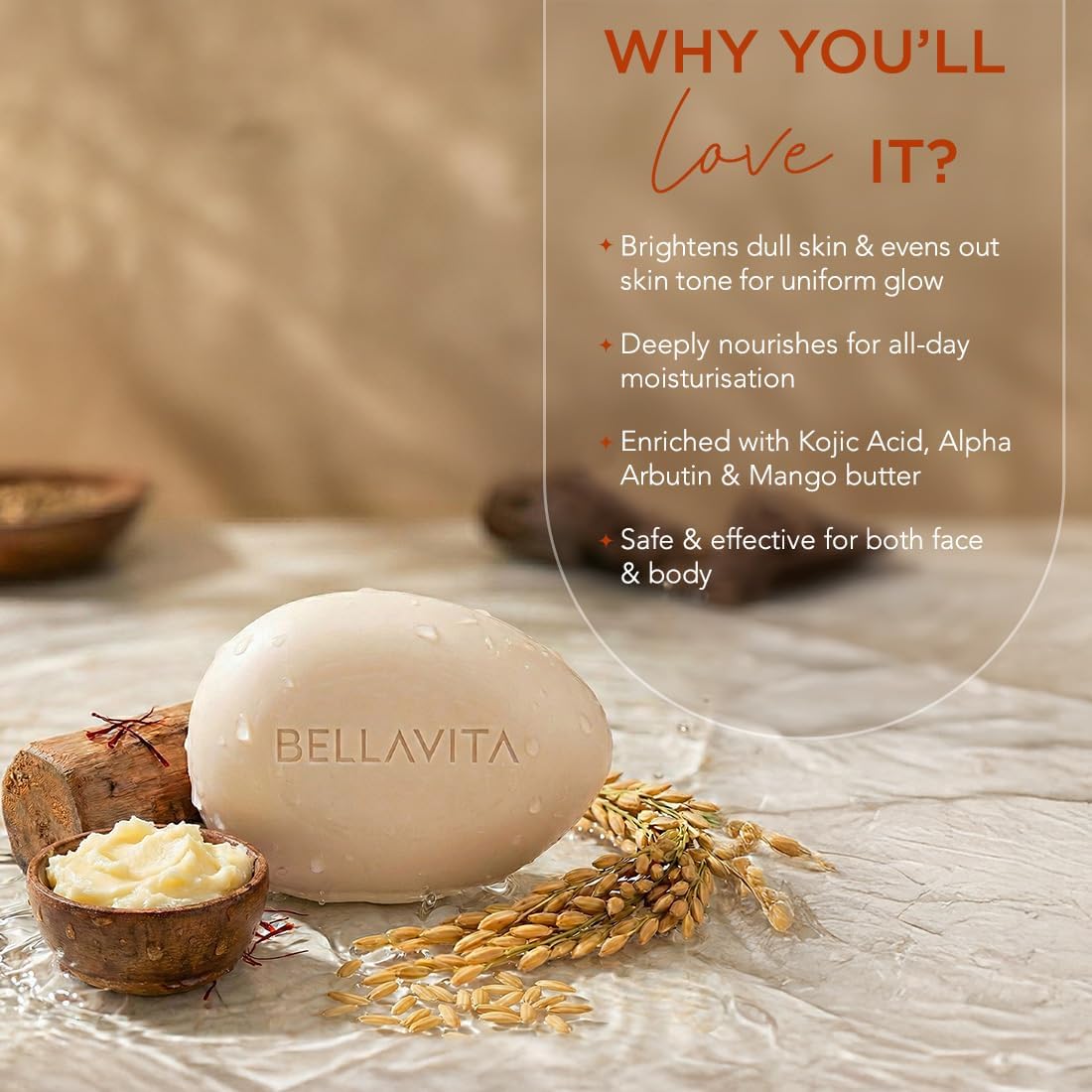 BELLAVITA Bright Wonder Brightening Soap 100Gm | Dark Spot & Pigmentation Reduction | Kojic Acid & Mango Butter | Paraben-Free