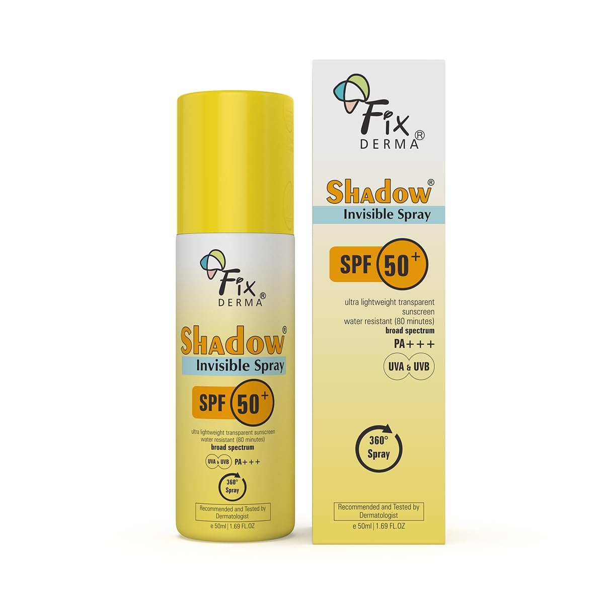 Fixderma Shadow SPF 50+ PA+++ Invisible Spray | Ultra Lightweight Transparent Sunscreen | Water Resistant Broad Spectrum UVA&UVB Sunscreen water resistant, spray for body 50ml (Pack of 1)