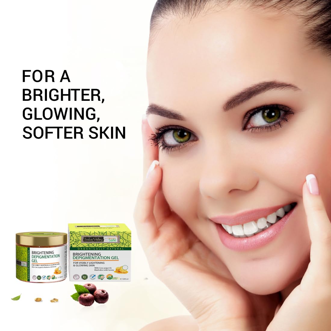 Woman with glowing skin holding her face, with skincare products on a white background