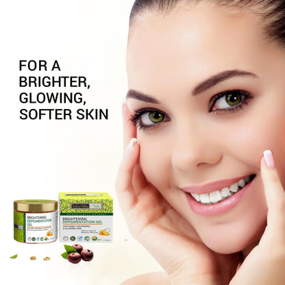 Woman with glowing skin holding her face, with skincare products on a white background