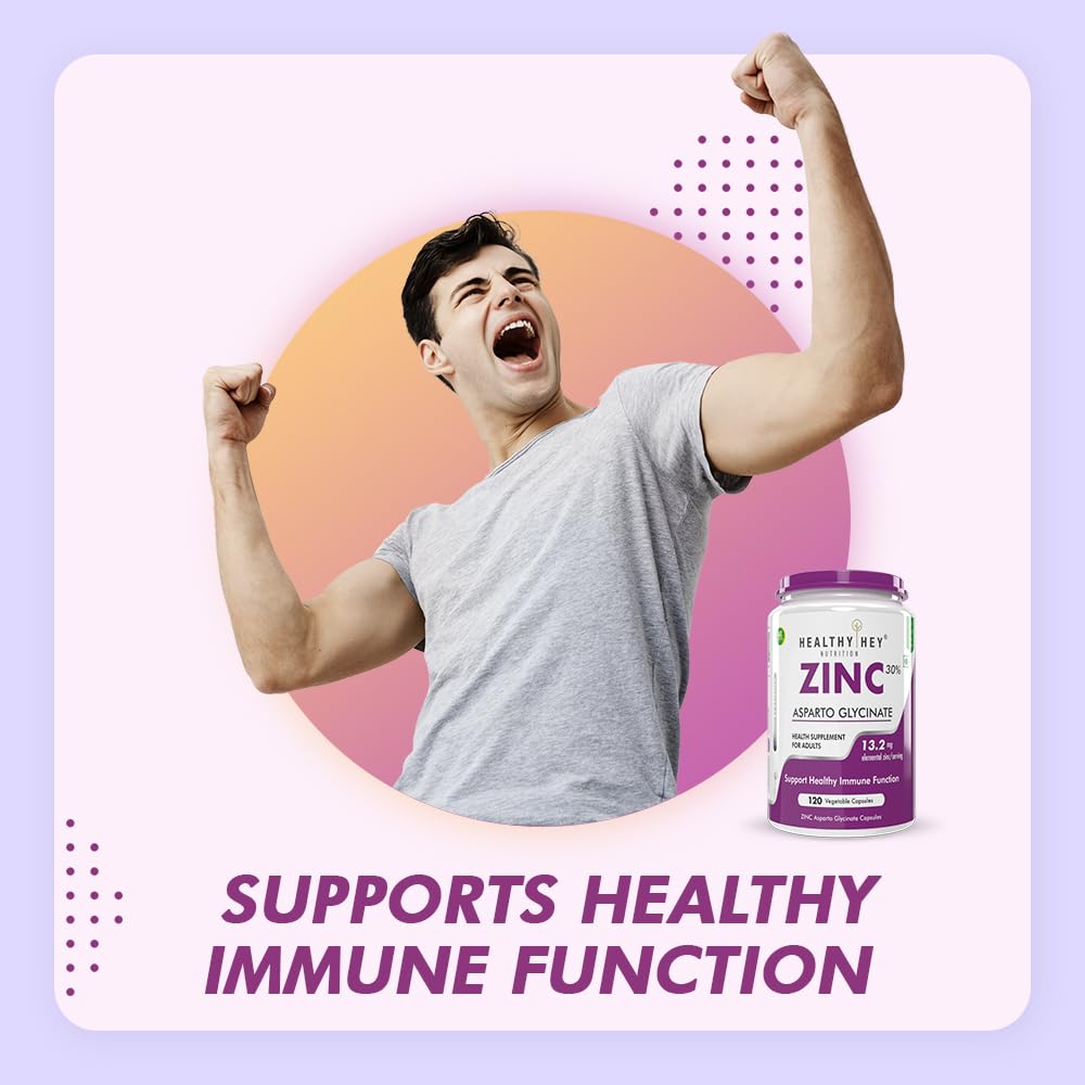 Person with arms raised next to a bottle of Healthy Me Zinc supplement on a colorful background