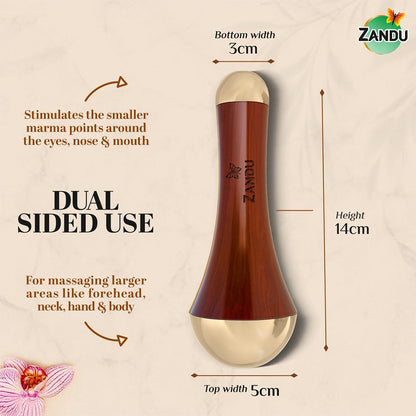 Zandu Ayurvedic Dual Sided Kansa Wand Massager | 100% Bronze & Teakwood handle– Portable Face, Neck, Body & Foot Massager | Promotes Relaxation & Improves Blood Circulation | Face Yoga Wellness Tool