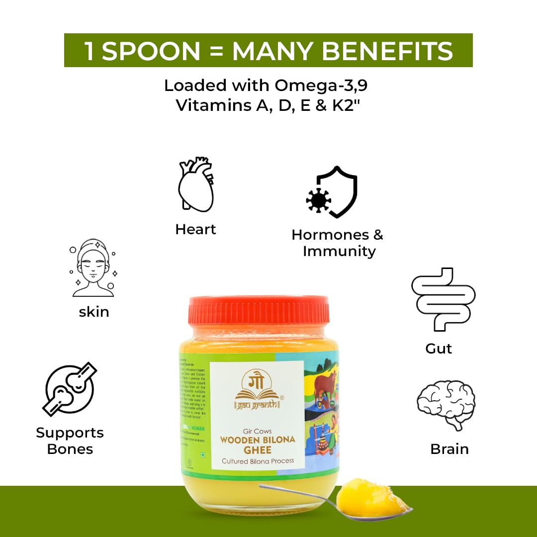 cow ved GauGranth A2 Gir Cow Ghee – 1 Ltr | Traditional Wooden Bilona Desi Ghee | Hand-Churned from Grassfed A2 Gir Cow Milk | 100% Pure, Natural & Healthy | Vedic Method | Glass Jar Packaging