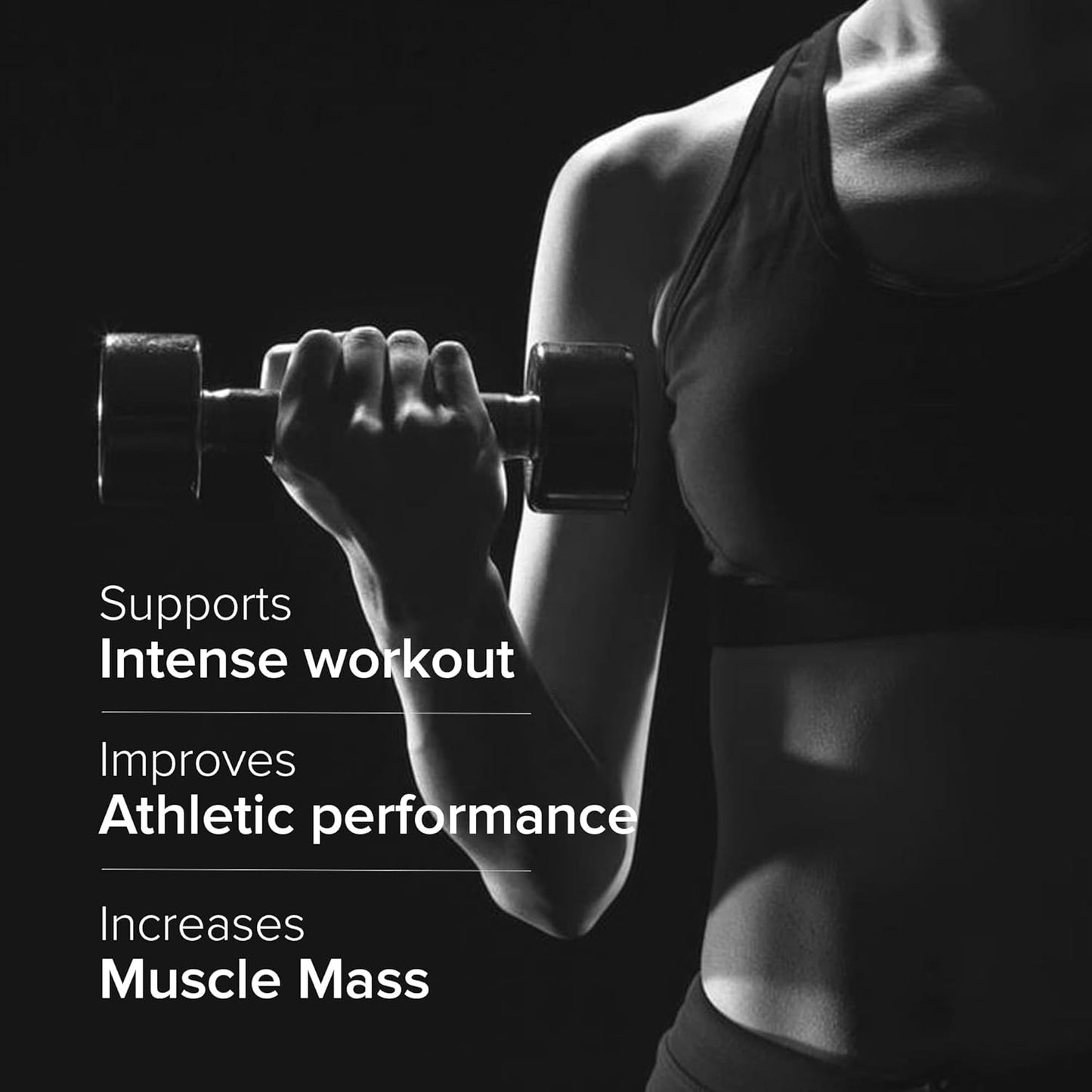 Person lifting a dumbbell with text about workout benefits on a black background