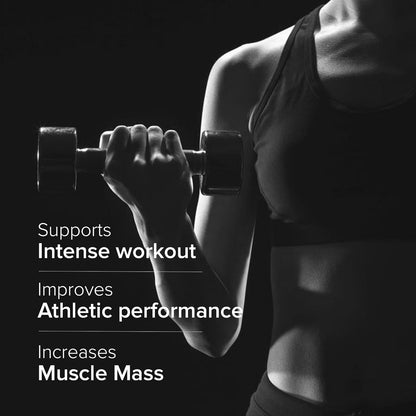 Person lifting a dumbbell with text about workout benefits on a black background
