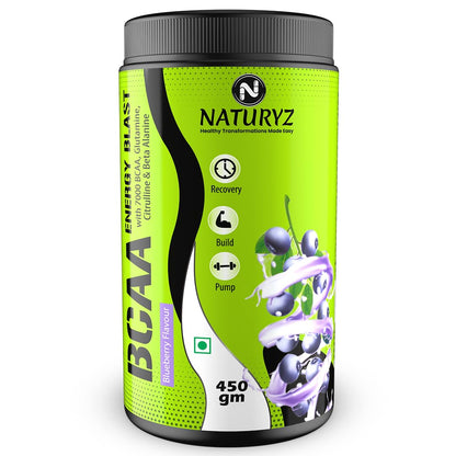 Naturyz Instantized BCAA Supplement with 7000 BCAA, Glutamine, Citrulline, Beta Alanine etc for Energy & Endurance - Pre, Post & Intra Workout Muscle Recovery (Blueberry Mojito) - 450Gms, Powder