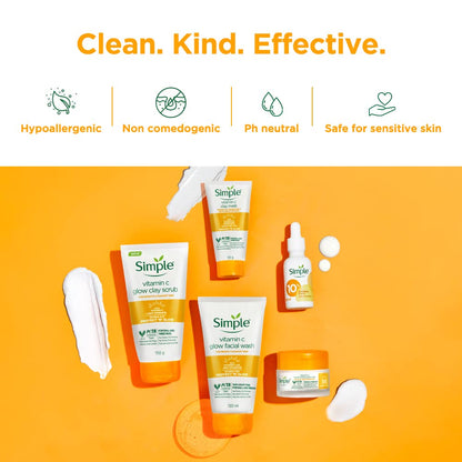 Collection of Simple skincare products on an orange background with brand attributes listed.