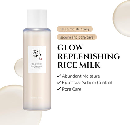Bottle of Glow Replenishing Rice Milk with text highlighting benefits on a white background