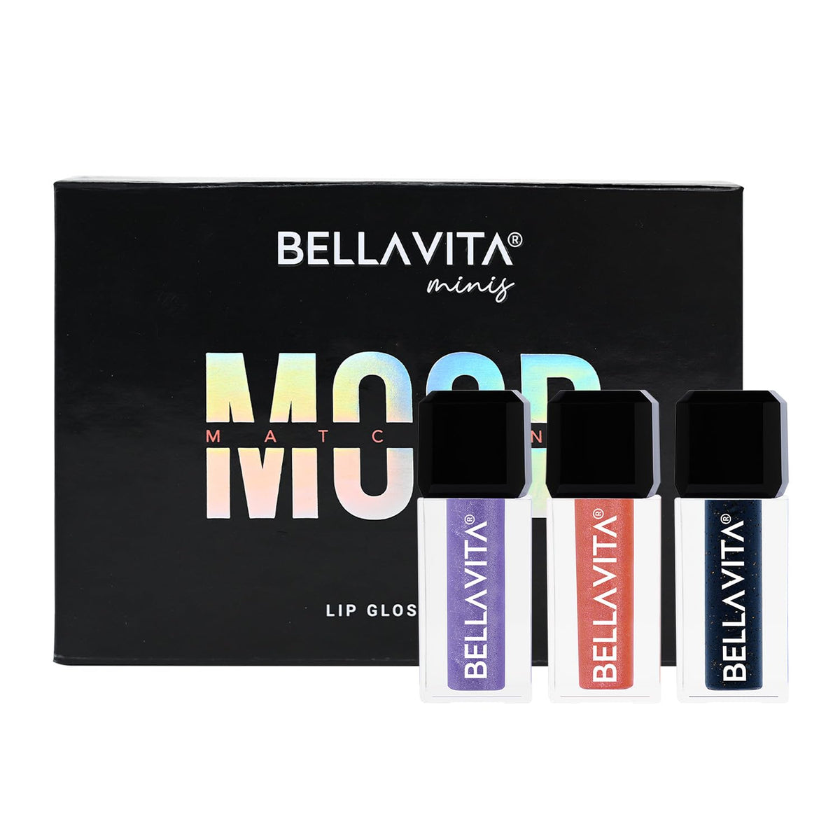 Bellavita lip gloss set with three lip glosses in front of a black box labeled 'Bellavita Minis'.