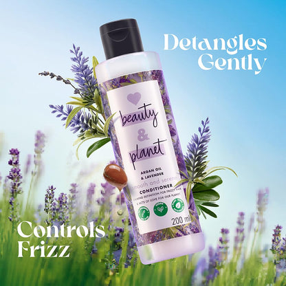 Bottle of 'Beauty & Planet' conditioner with lavender flowers on a natural background