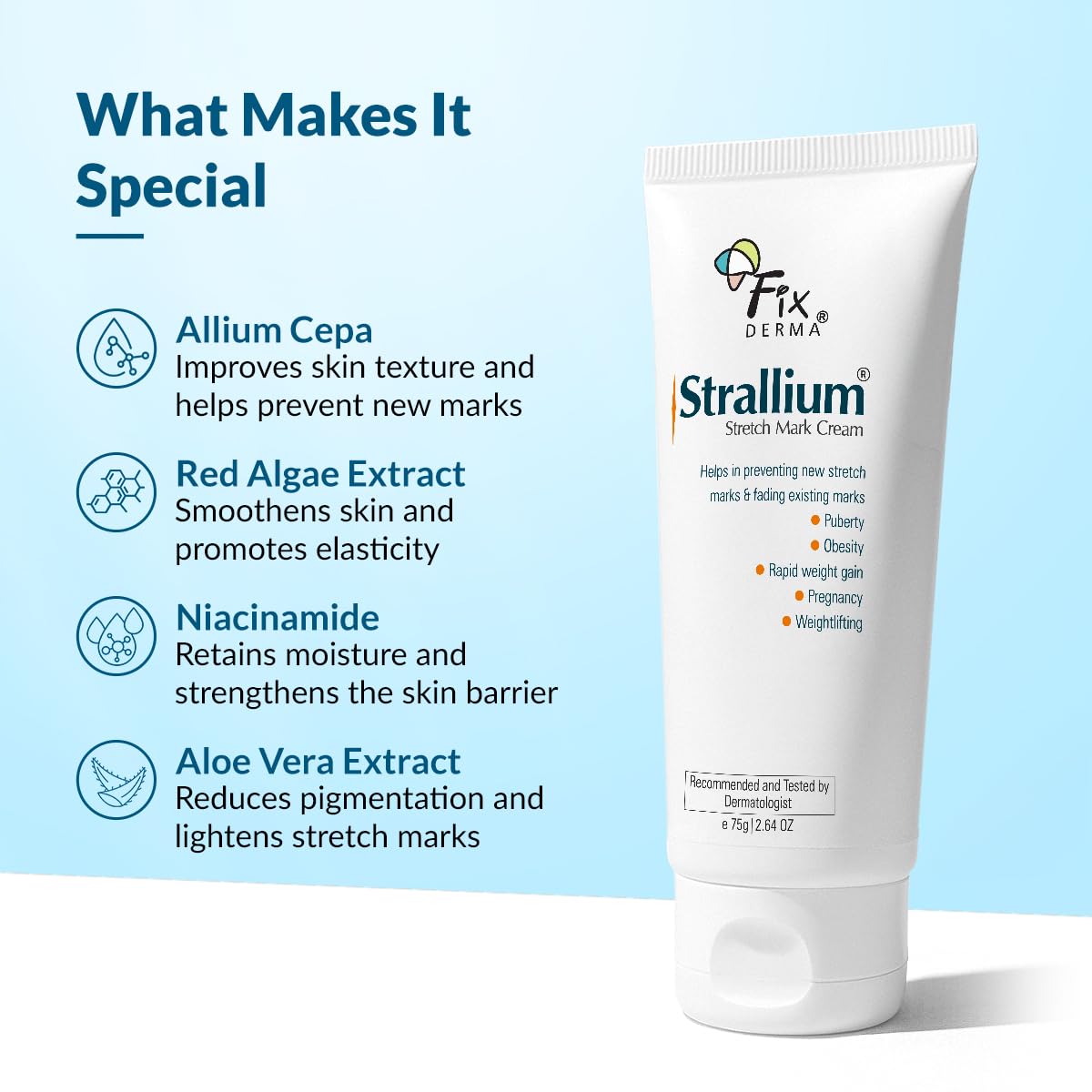 Strallium Stretch Mark Cream with ingredients listed on a light blue background
