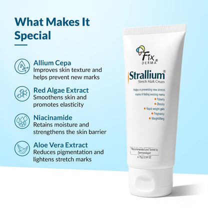 Strallium Stretch Mark Cream with ingredients listed on a light blue background