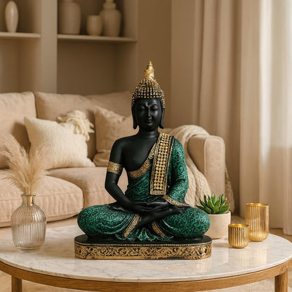 Beautiful Resin Meditating Buddha Statue for Home Decor (Pack of 1, Green & Black)