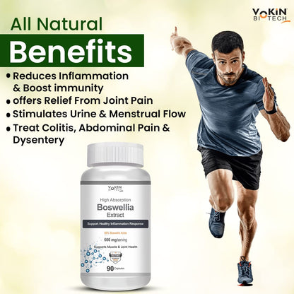 Boswellia extract supplement bottle with a man running and product benefits listed on a light background