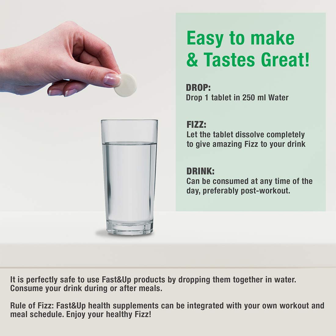 Hand dropping a tablet into a glass of water with product usage instructions on a light gray background.