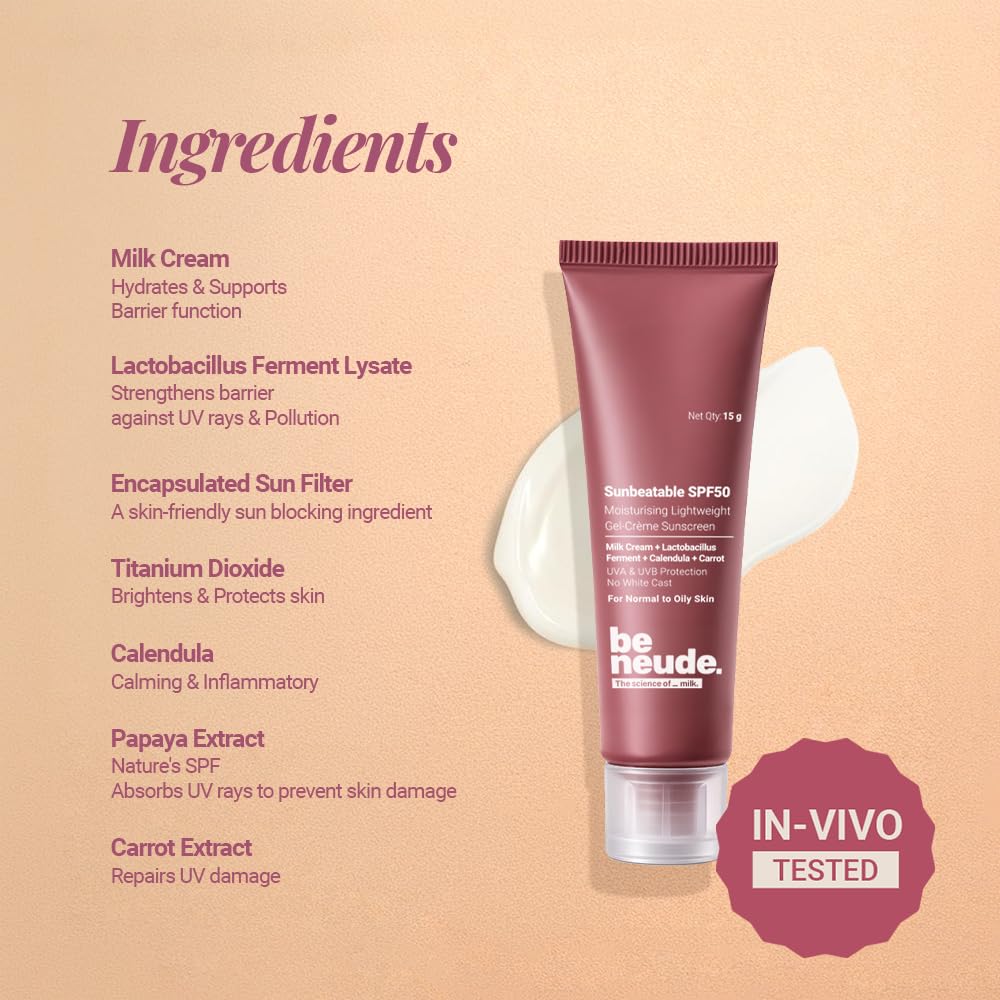 Be Neude Sunbeatable 15ml Gel Creme Sunscreen SPF 50 PA++++ with 3 SPF Boosters & Molecular Milk, Complete UVA+UVB Protection with No White Cast, Oily Skin Friendly
