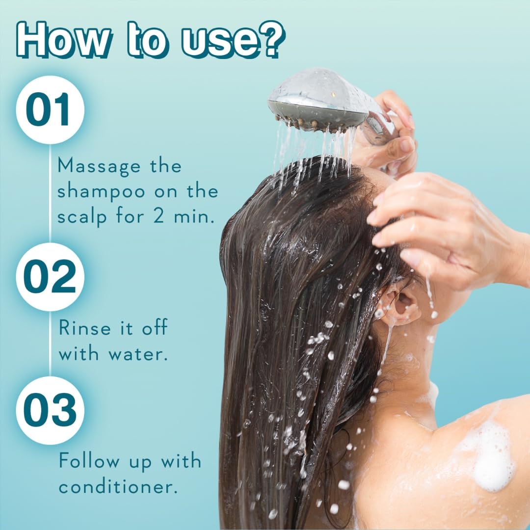 Person washing hair with a showerhead, demonstrating shampoo use steps on a blue background