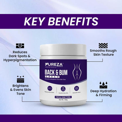 Pureza Naturals Back & Bum Cream 100g – Skin Brightening & Moisturizing Cream for Back, Butt & Thighs – Reduces Dark Spots, Acne Marks & Uneven Skin Tone