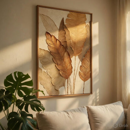 Minimalist Botanical Leaf Wall Painting with Wooden Frame | Modern Beige Leaf Artwork HD UV Laminated MDF Wall Decor | Aesthetic Nature Wall Art for Living Room Bedroom Home 13.5 Inch x 19.5 Inch