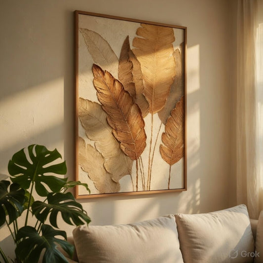 Minimalist Botanical Leaf Wall Painting with Wooden Frame | Modern Beige Leaf Artwork HD UV Laminated MDF Wall Decor | Aesthetic Nature Wall Art for Living Room Bedroom Home 13.5 Inch x 19.5 Inch