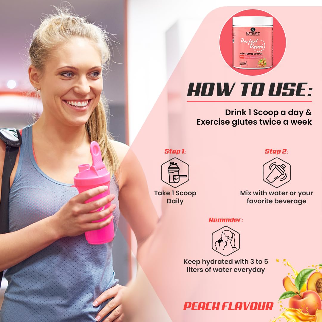 Woman holding a pink supplement shaker with product packaging and usage instructions on a pink background
