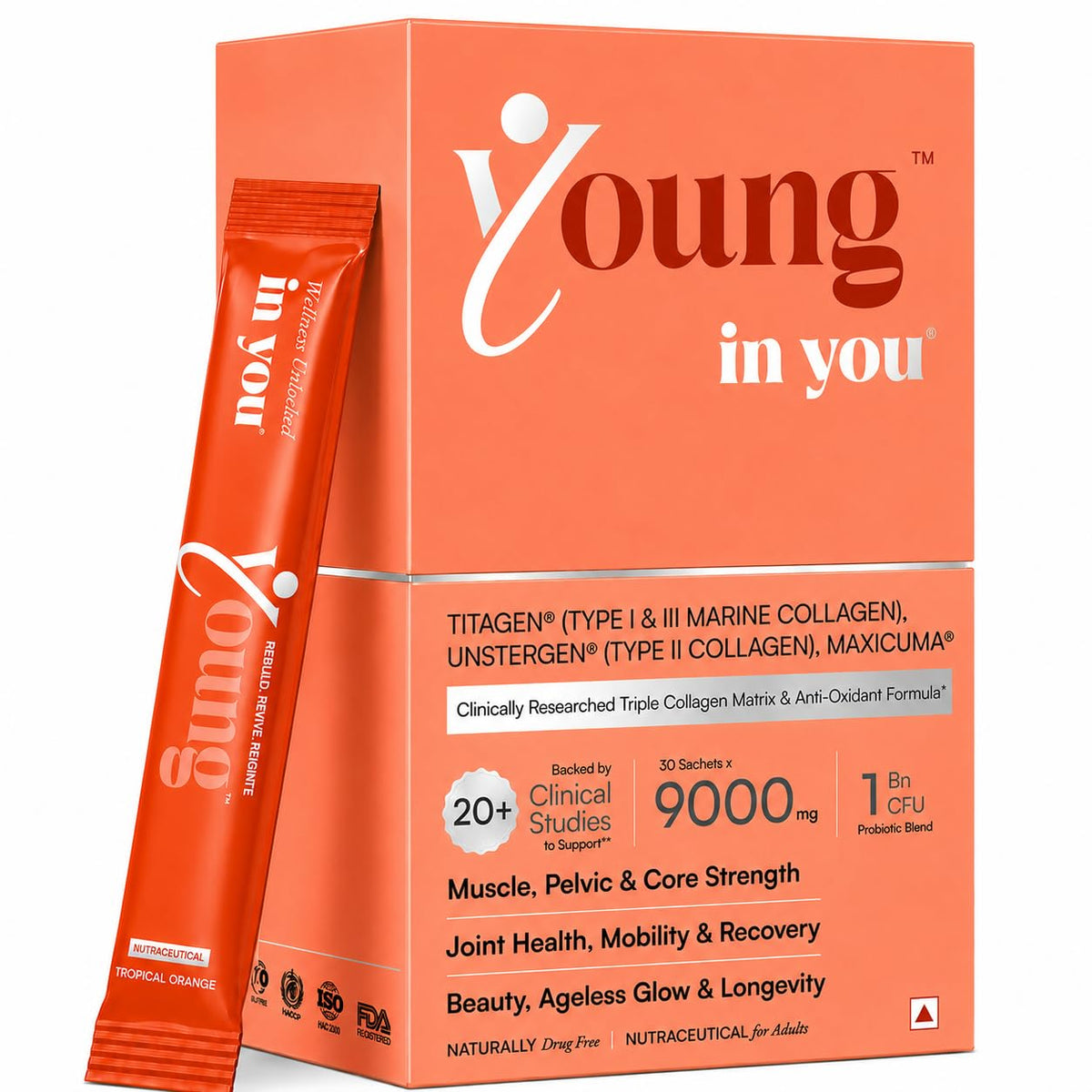 Young™ in you | Structural Triple Collagen & Antioxidant Nutrition™ | MaxCuma®+ Clinically Proven Type I,II & III Collagen + Hyaluronic Acid + Vit.C + Biotin + Zinc | Skin, Hair, Nails, Bones & Joints