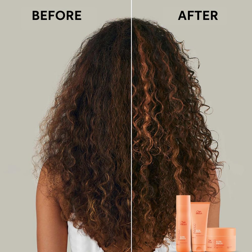 Before and after comparison of curly hair with hair care products shown.