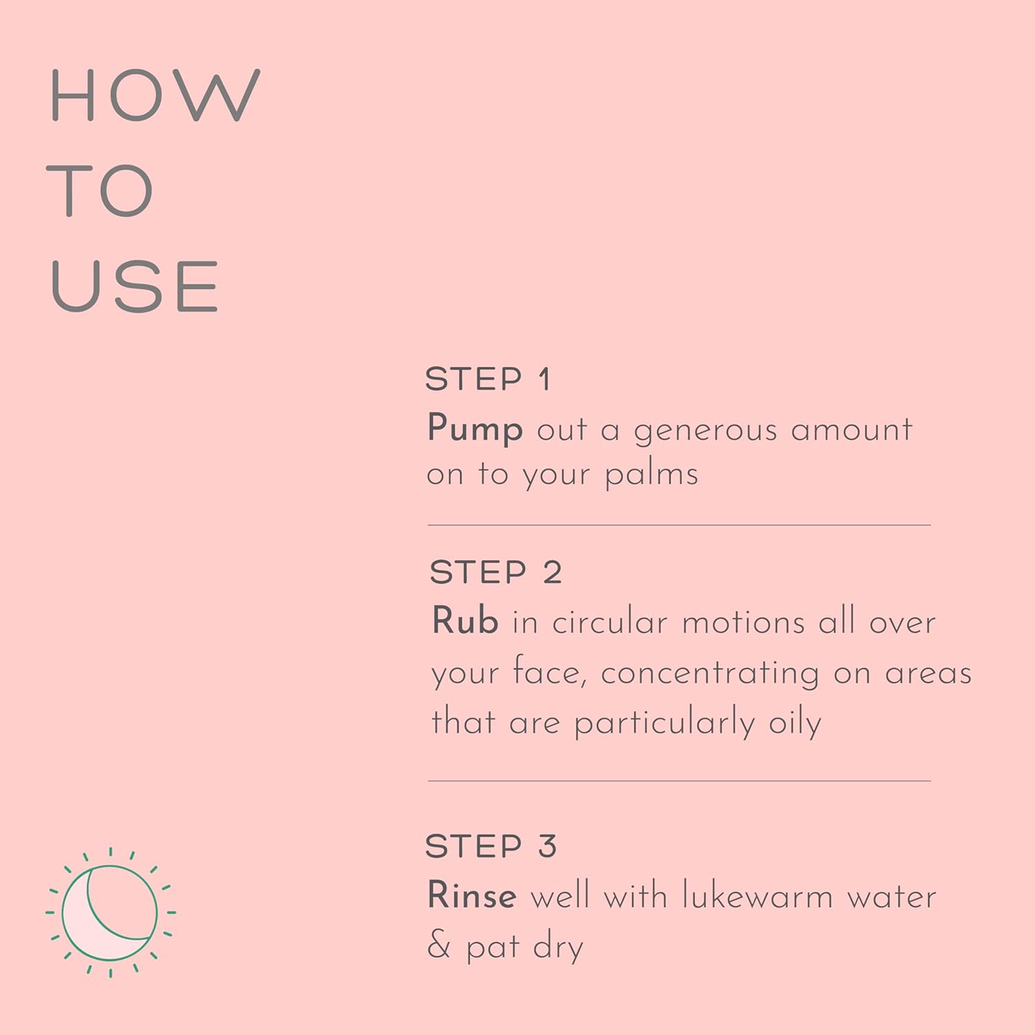 Instructions on how to use a skincare product with text on a pink background