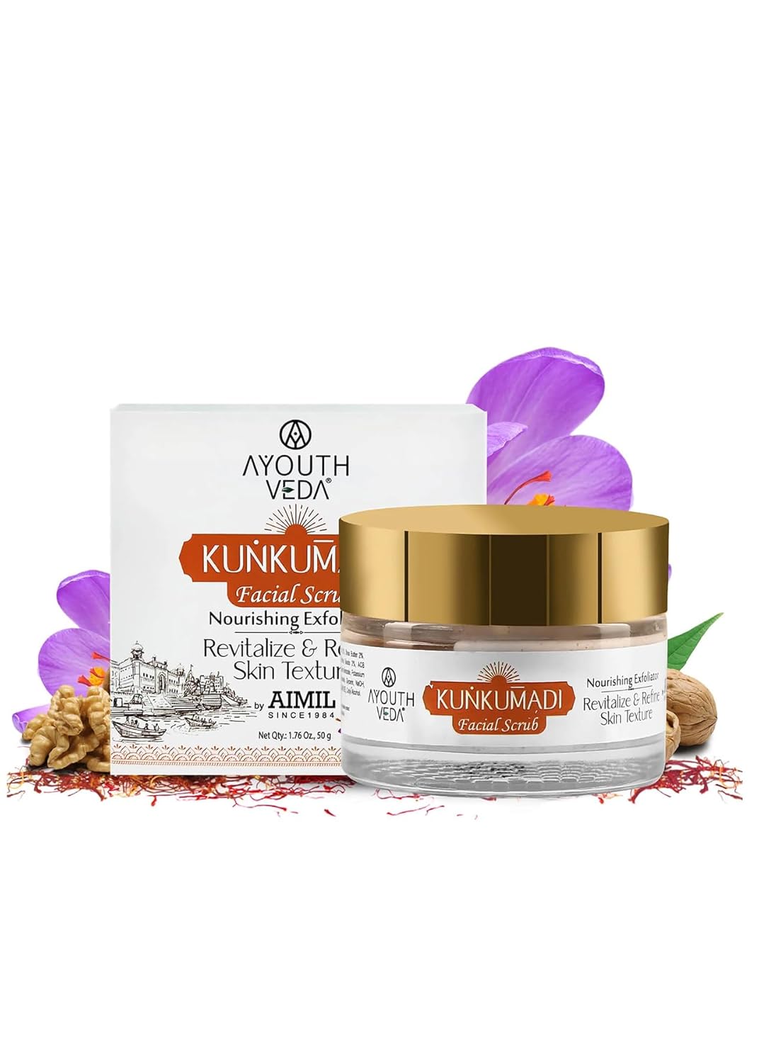Ayouthveda Kunkumadi Face Scrub | Revitalize & Refine Skin Texture | With Walnut, Finest Kashmiri Saffron & Sunflower Extract | Cleanse Impurities & Promote New Cell Growth (Pack Of 1-50g)