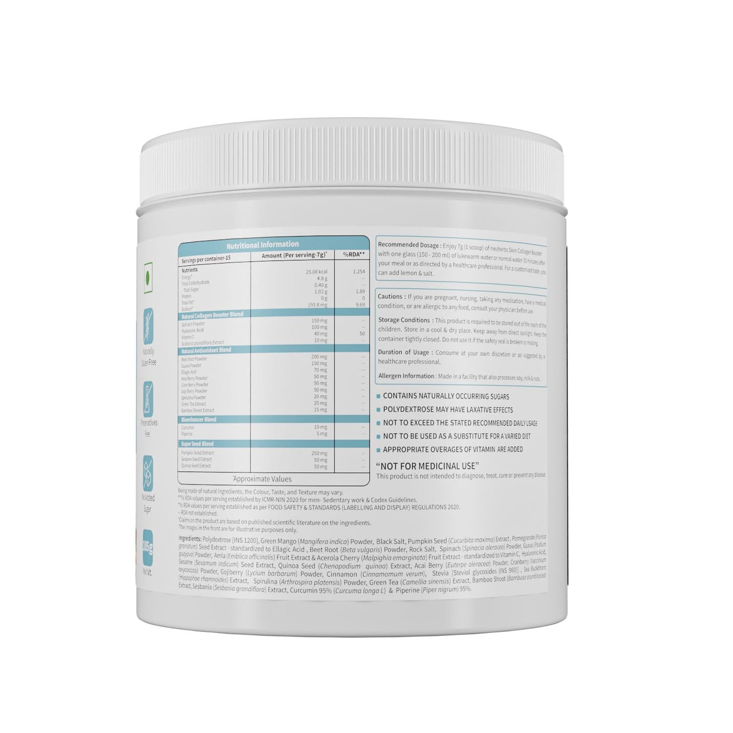 Neuherbs Collagen Supplement Powder | Plant Based Skin Collagen Booster Peptides for Men & Women | With Hyaluronic Acid, Vitamin C & E for Glowing & Youthful Skin | Mixed Fruit Flavour, 105g