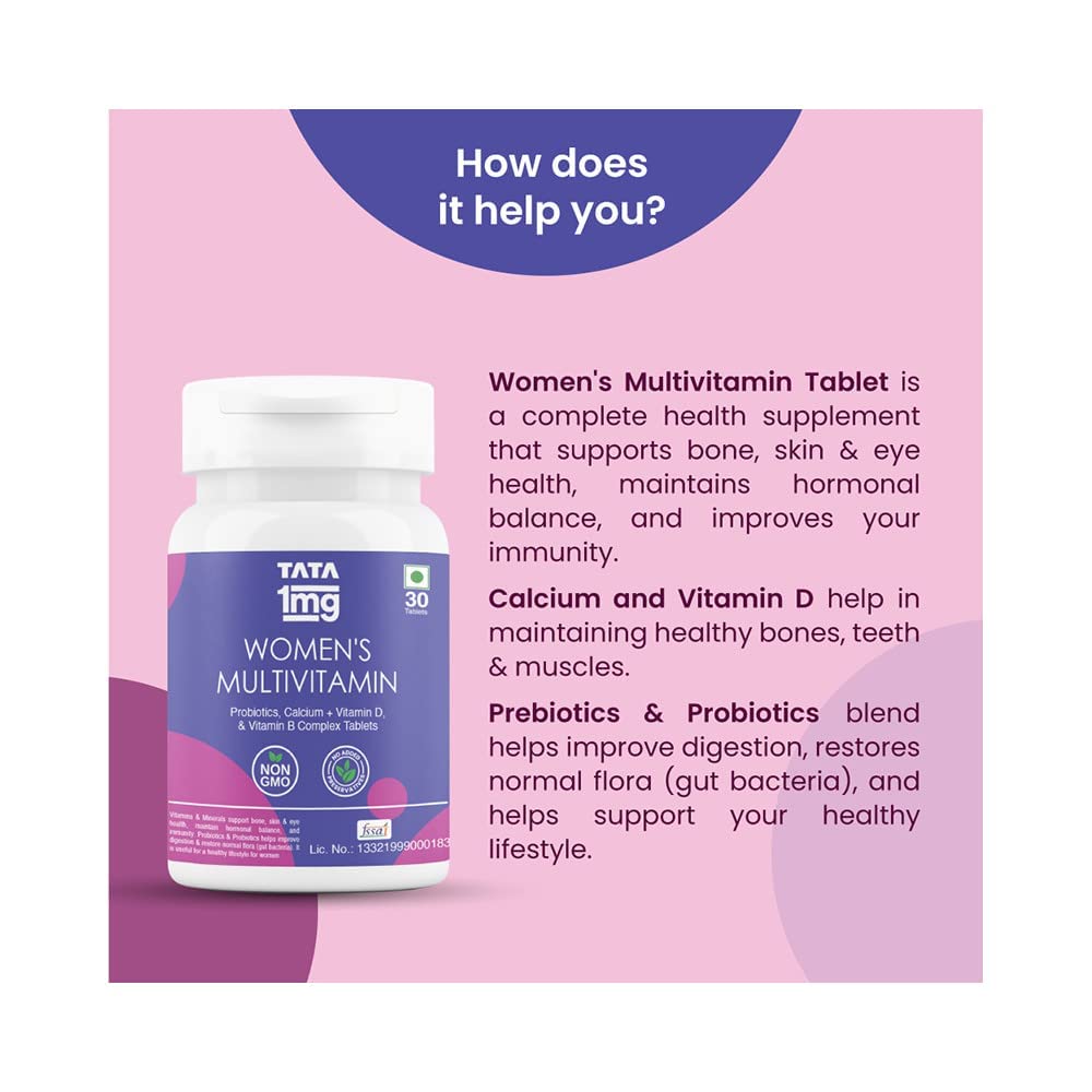 Tata 1mg Womens Multivitamin Veg Tablet with Zinc,Vitamin C,Calcium,Vitamin D & Iron Support Health Protection,Bones & Overall Health For Women (Pack Of 30 Tablets), 52 grams