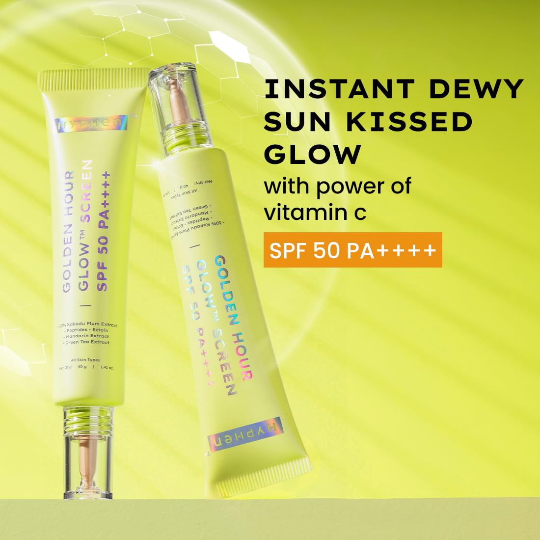 Two skincare products with text on a yellow background